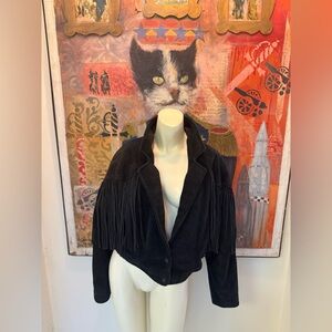 Vintage 80s black suede, cropped fringe Moto jacket padded shoulders pocketS